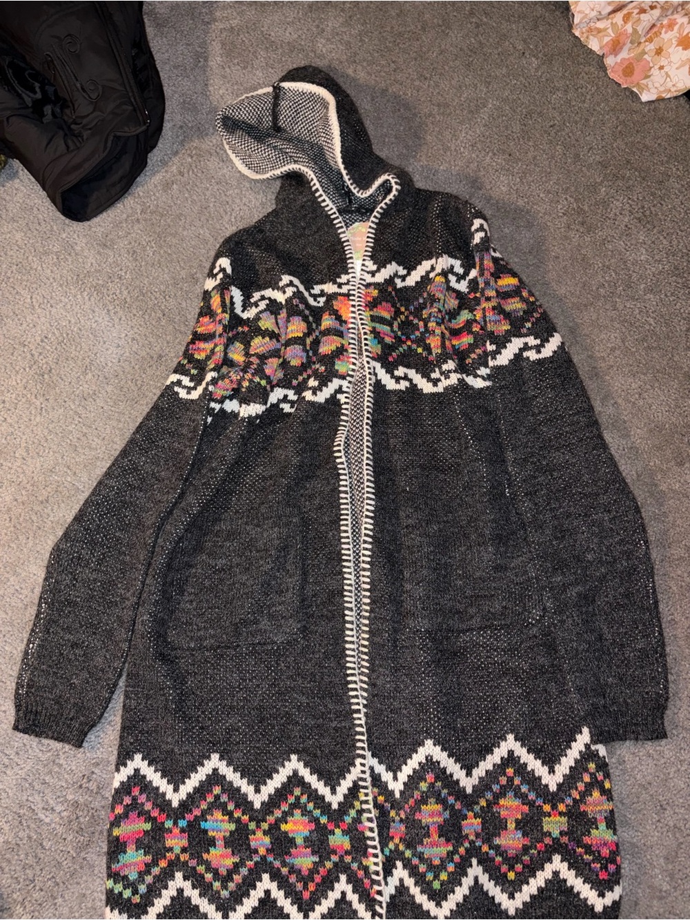 Dark Gray Hooded Knit Cardigan with Multicolor Fair Isle Accents